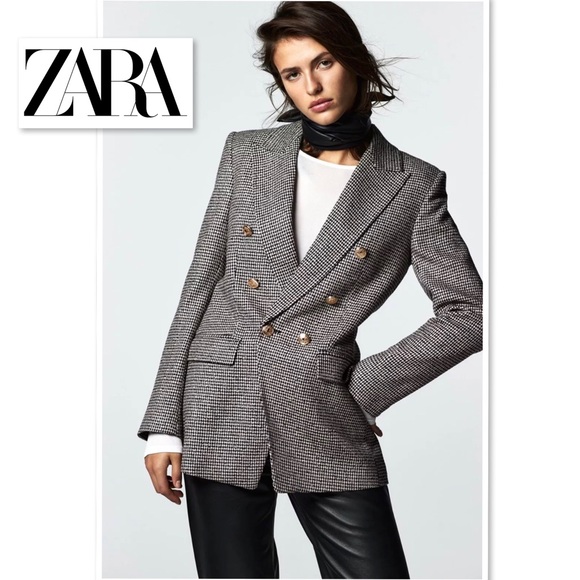 Zara Houndstooth Textured Gold Button Tweed Double Breasted Blazer 2761/255 XS - Picture 2 of 16